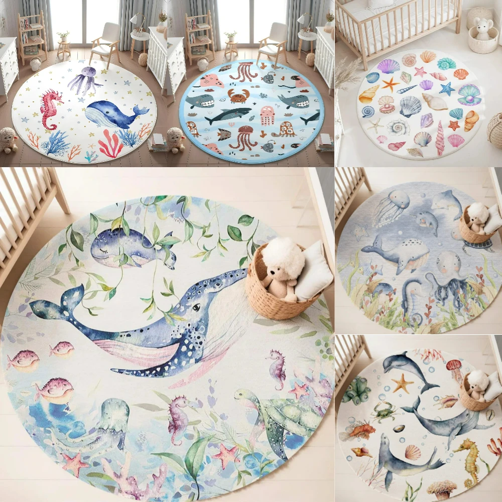Baby Nursery Mat - Tappeto rotondo blu con animali marini